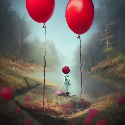 Prompt: grunge cartoon landscape painting of bilie eilish with a wide smile and a red balloon by - michal karcz, loony toons style, pennywise style, horror theme, detailed, elegant, intricate