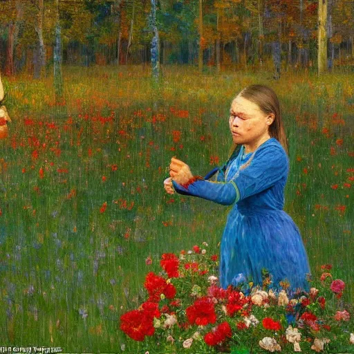 Image similar to Devastated Greta Thunberg crying onto the last plant on earth, impressionism, bright vivid colors, by Greg Rutkowksi and Ilya Repin