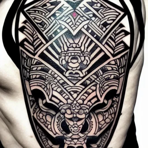Prompt: intricate japanese mayan yakuza tattoo, geometric dark animal tattoo, tattoo on upper arm