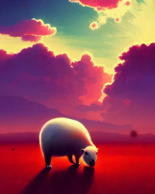 Image similar to white capybara in a non - euclidian space, surreal photography, sunrise dramatic light, impressionist painting, colorful clouds, digital painting, artstation, kilian eng, john harris, bastien lecouffe - deharme, simon stalenhag, flower face