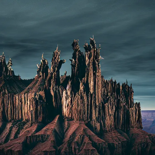 Image similar to dark gothic palace made of rock with tall spires, bristlecone pine trees, grand canyon, ultrawide cinematic 3d render, dark dramatic skies, atmospheric, vultures