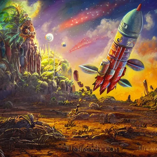 Prompt: rocket launch, on ancient post - apocalyptic planet, jim henson creature shop, vivid and colorful, thomas kincaid, cinematic, oil painting, highly detailed, illustration