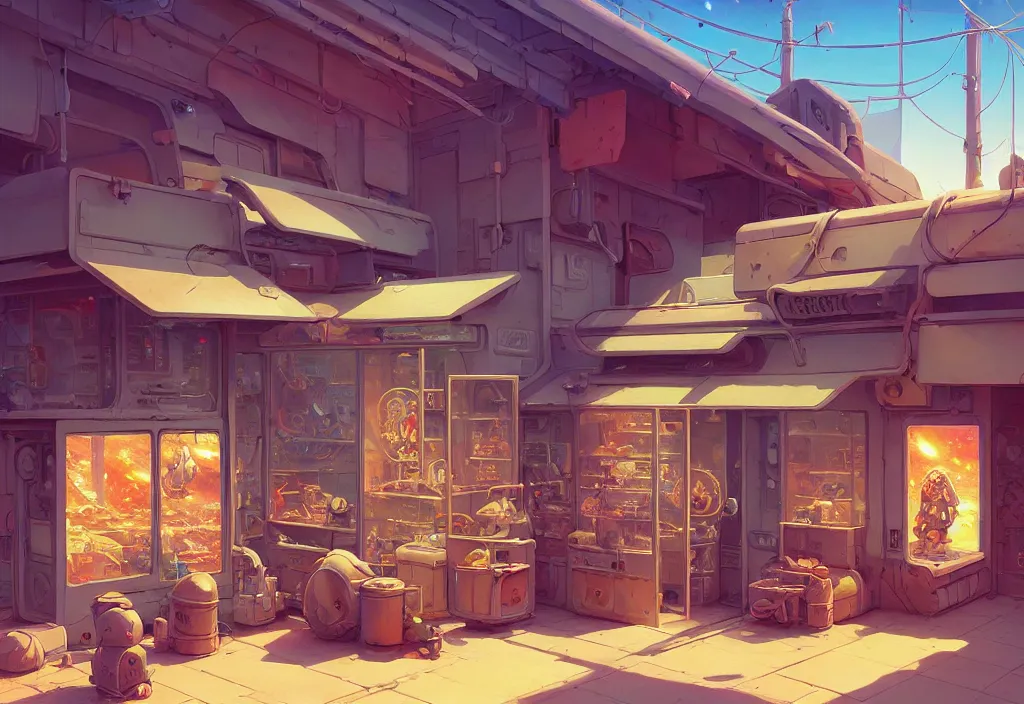 Image similar to a small chubby futuristic shop in the desert surrounded by two metal boxes, intricate oil painting, high detail illustration, sharp high detail, manga and anime 1 9 9 9, official fanart behance hd artstation by jesper ejsing and makoto shinkai, 4 k,