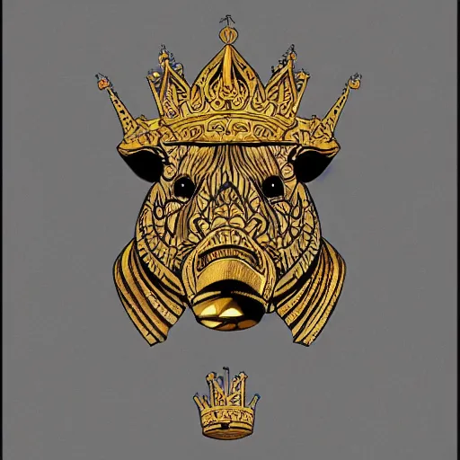 Image similar to pig wearing a gold crown on it's head Shepard Fairey, zoomed out, detailed, technical drawing, sketch, inked, 8k