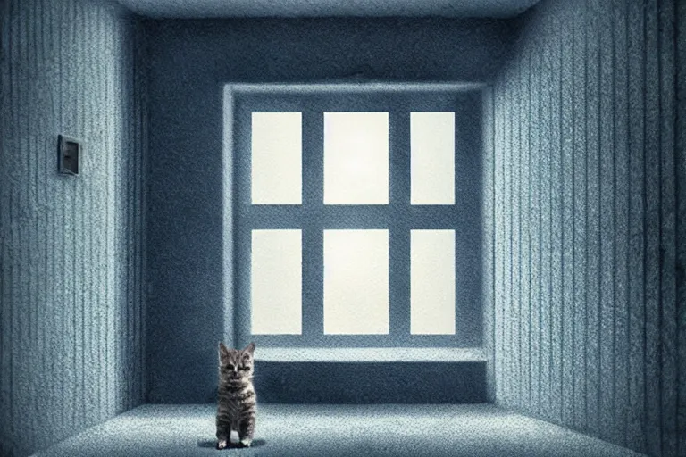 Prompt: a cinematic painting of an kitten inside of jail cell looking out of a small frosted window, beautiful lighting, high depth, ultra realistic, artistic, by gregory crewdson, blue color theme