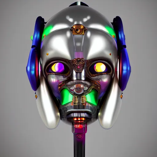 Prompt: a glossy claymodel of a dieselpunk aztec futuristic robot head with eeg probes, 8 k, front shot, symetrical, flourescent colors, halluzinogenic, multicolored, insanely detailed, 3 d render, octane