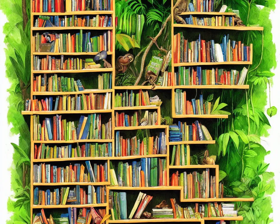 Image similar to one small bookshelf in the rainforest, featuring law books, by hopper. hyperdetailed, proportional, romantic, enchanting, achingly beautiful, graphic print, trending on artstation, jungle, tropical, foliage