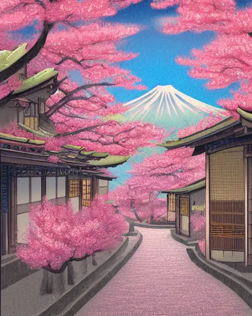 Image similar to artdeco illustration of a street in a quiet japanese village, sakura season, fuji in background. pastel colours. beautiful. artstation, deviantart, pinterest, 5 0 0 px models