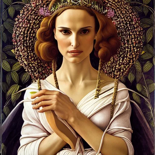 Image similar to natalie portman as the goddess of spring, elegant portrait by sandro botticelli, detailed, symmetrical, intricate