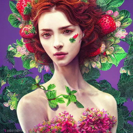 Prompt: the portrait of an absurdly beautiful, graceful, elegant, sophisticated, fashionable woman made of strawberries and green petals, an ultrafine hyperdetailed illustration by kim jung gi, irakli nadar, intricate linework, bright colors, octopath traveler, final fantasy, unreal engine 5 highly rendered, global illumination, radiant light, detailed and intricate environment