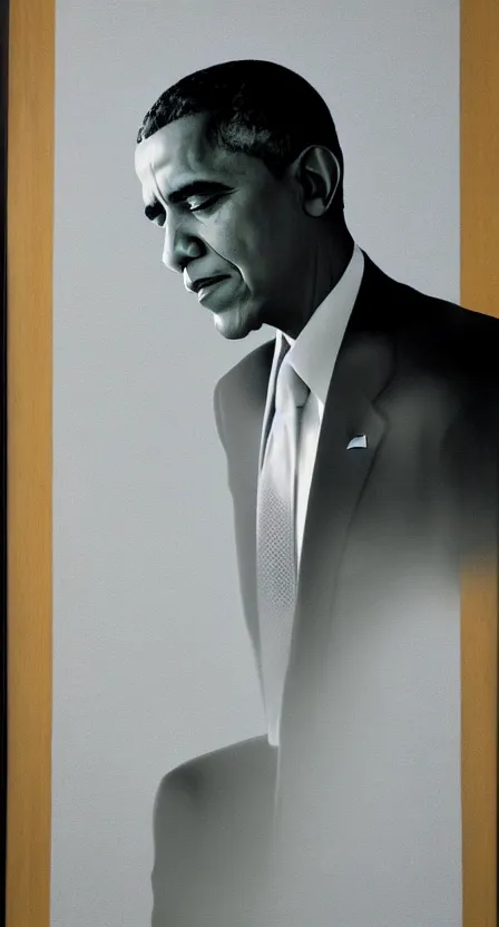 Image similar to portrait of barack obama, artwork by salman toor, cinematic light, atmospheric effects