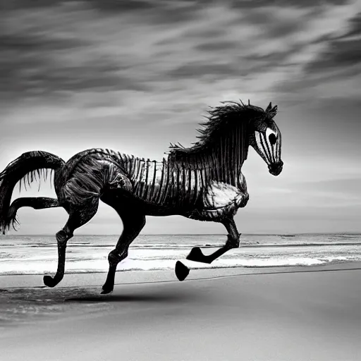 Image similar to skeleton horse running on the beach, edited photo, photoshop