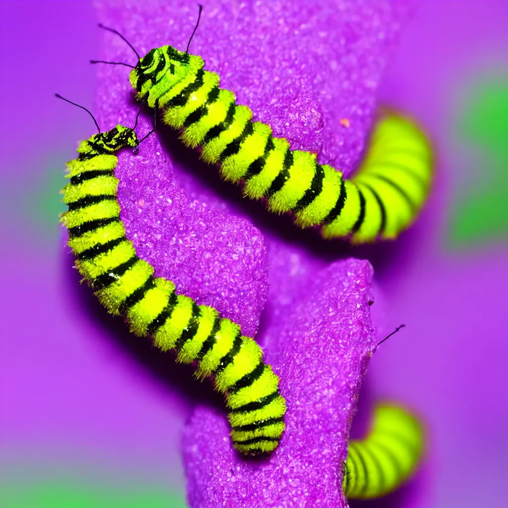 Image similar to a macro photography of a caterpillar, photorealistic, green yellow purple pink,