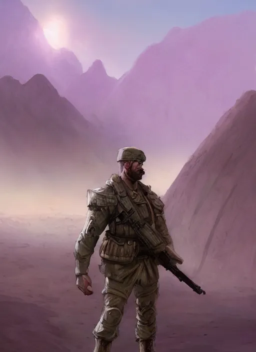 Prompt: purple scene lighting, detailed character portrait concept art, white male, strong muscular mature, soldier with beard, short hair, in a soldier uniform, desert with city in the background, sharp focus, illustration, highly detailed, digital painting, concept art, matte, art by wlop and artgerm and greg rutkowski, masterpiece