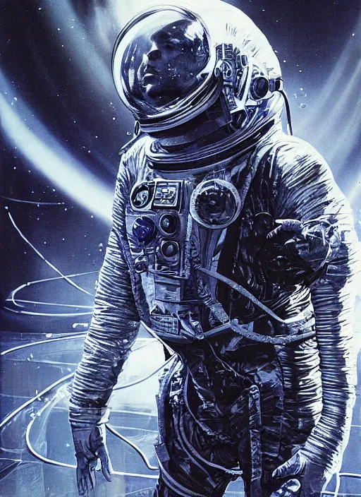 Image similar to astronaut in dark void underwater - complex and hyperdetailed technical suit design. reflection and dispersion materials. rays and dispersion of light. volumetric light. f / 3 2. noise film photo. flash photography. ultra realistic, 5 0 mm. poster by wayne barlowe, hajime sorayama aaron horkey, craig mullins