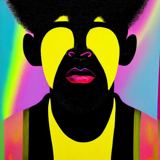 Image similar to a black man with yellow eyes and a dark rainbow background, gouache painting by tomokazu matsuyama, by ed paschke, by agnes pelton, by patrick nagel, behance contest winner, generative art, irridescent, holography, neon, dark art, retrowave, grain, black background