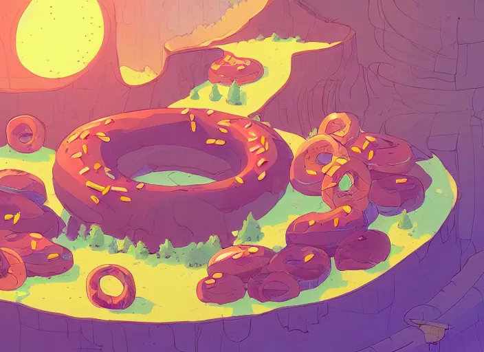 Image similar to concept art of a donut landscape made of donuts, cel shaded, in the style of makoto shinkai and moebius and peter mohrbacher and anton fadeev