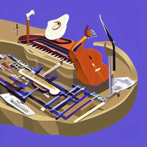 Prompt: isometric view of a large instrument machine, rube goldberg style, made of instruments, guitar, drum, beautiful