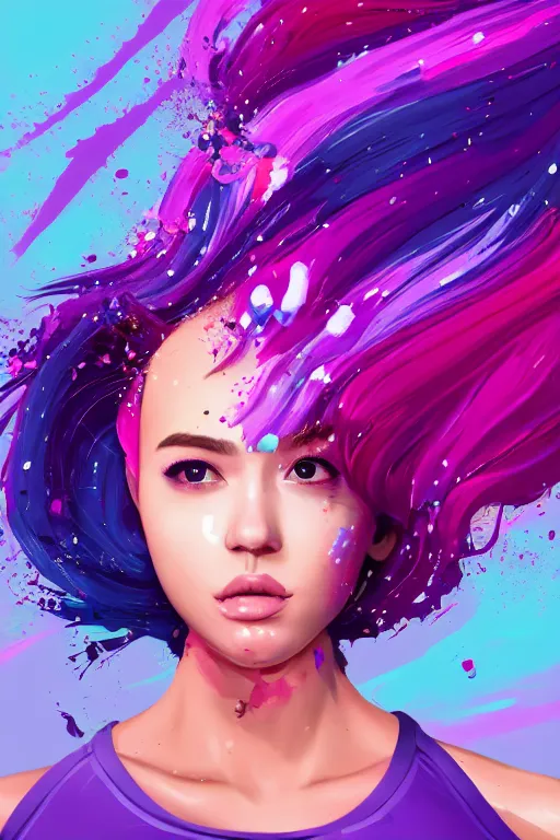 Image similar to a award winning half body portrait of a beautiful woman in a croptop and cargo pants with ombre purple pink teal hairstyle with head in motion and hair flying by artgerm, paint splashes, splatter, outrun, vaporware, shaded flat illustration, digital art, trending on artstation, highly detailed, fine detail, intricate