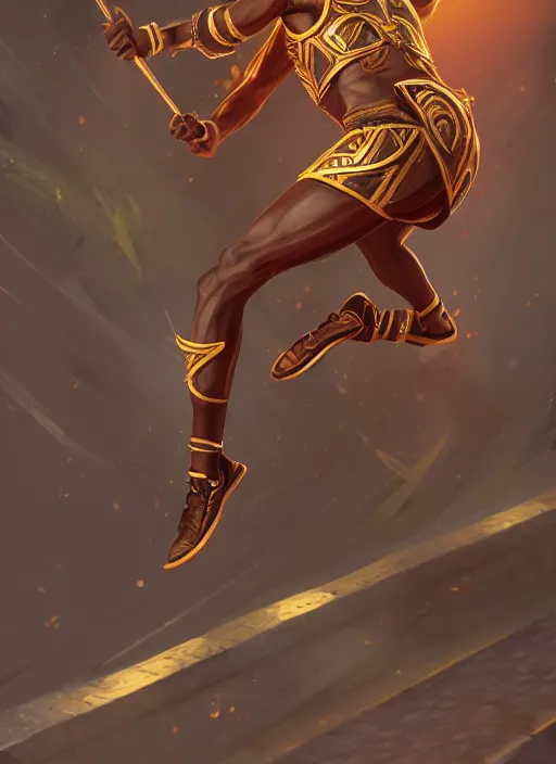 Prompt: a highly detailed illustration of attractive young african fire god with short hair, wearing track and field suit, heroic jumping pose, intricate, elegant, highly detailed, centered, digital painting, artstation, concept art, smooth, sharp focus, league of legends concept art, wlop