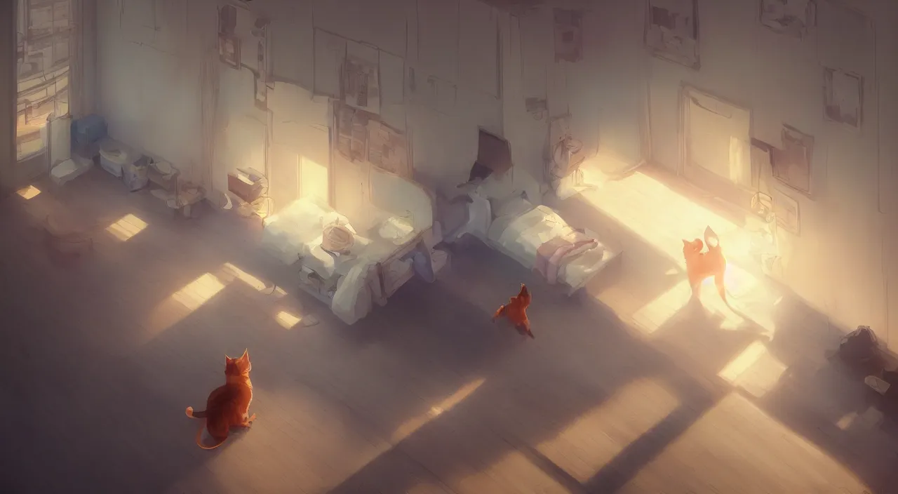 Prompt: cat in a wide room. digital art. artstation. realistic. vibrant. illustration. in the style of pixar movie. octane render. art by makoto shinkai, stanley artgerm lau, wlop, rossdraws. volumetric lighting.