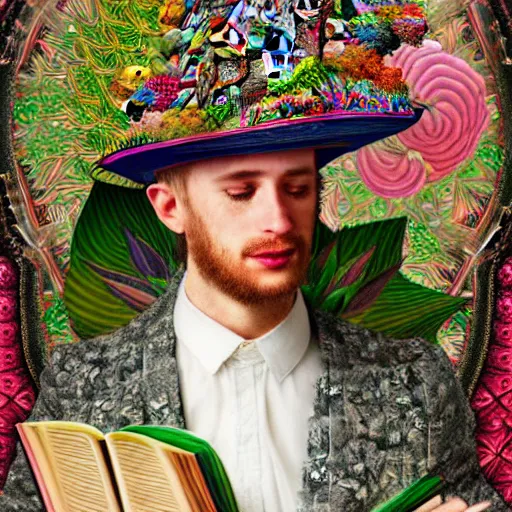 Image similar to HD 8x hyperdetailed illustrated mixed media collage of a man with a maximalist hyperrealistic huge hat made of jewel plants, reading an elaborate book. flamish baroque solarpunk elements. matte background in pastel tones.