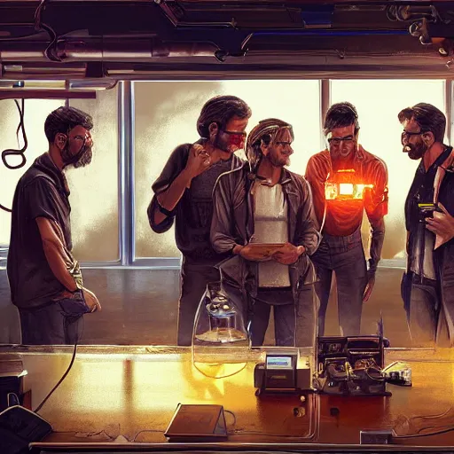 Image similar to five scientists discussing an unknown machine, digital art, trending on artstation, cinematic composition, detailed, hd