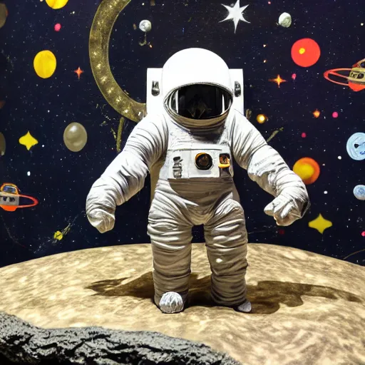 Image similar to a space admiral tethered to an asteroid, with spaceship, space backdrop, everything made of papier - mache canon 5 d 5 0 mm lens, diorama, newspaper,