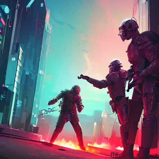 Image similar to jaime lannister and brienne of tarth fighting cyber zombies side by side, cyberpunk art by james gilleard, cgsociety, retrofuturism, synthwave, retrowave, outrun