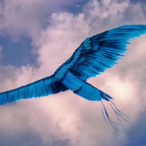 Prompt: giant blue quetzalcoatl melting up into the sky to form blue clouds