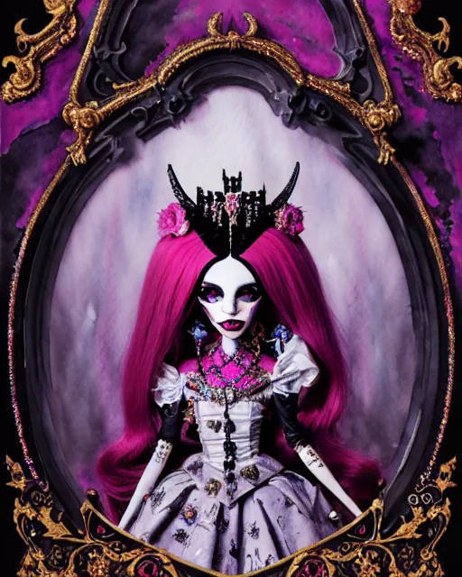 Image similar to maximalist baroque bedazzled gothic royalty frames surrounding a watercolor portrait of maximalist monster high draculaura doll, stephen bliss, unreal engine, by greg rutkowski, loish, rhads, makoto shinkai and lois van baarle, ilya kuvshinov, rossdraws, global illumination, radiant light, detailed and intricate environment, watercolor lighting