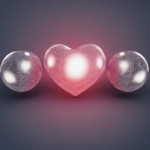 Image similar to abstract drawing of 3 orbs slotting into the holes in a heart, mild glow, paper mache, artstation, 8 k octane render