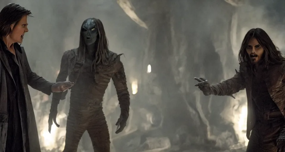 Image similar to tom cruise as the mummy fighting jared leto as morbius, film still