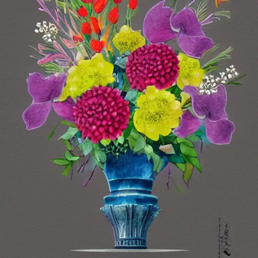 a porcelain vase with a colorful and beautiful flower, Stable Diffusion