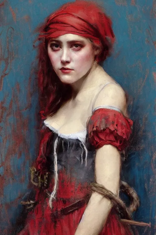 Image similar to Solomon Joseph Solomon and Richard Schmid and Jeremy Lipking victorian genre painting full length portrait painting of a young beautiful woman traditional german french pirate wench in fantasy costume, red background