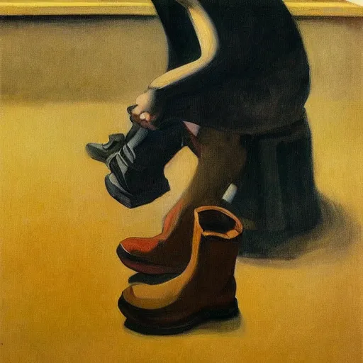Image similar to cat putting on work boots, edward hopper painting, dark tones