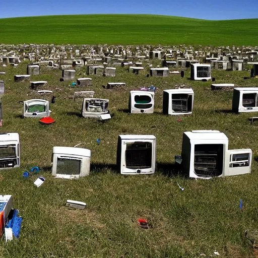 Prompt: windows xp screensaver with many broken dilapidated old computers graveyard