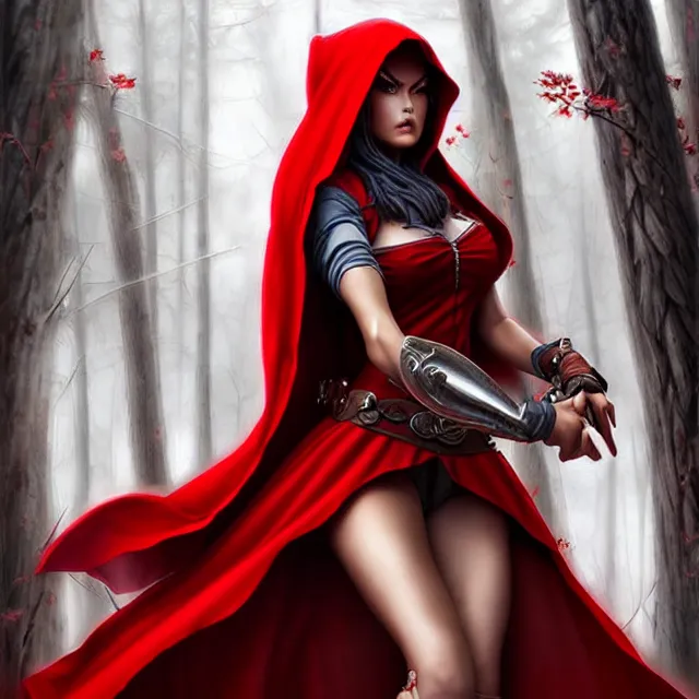 Image similar to beautiful!! red riding hood warrior artgerm highly detailed 8 k hdr smooth sharp focus high resolution award - winning photo photorealistic