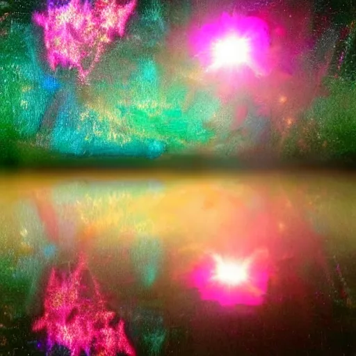 Prompt: crystalline flowers illuminate the otherworldly dichroic pond, fog, godlight, happy, colorful, glow, stars, golden ratio