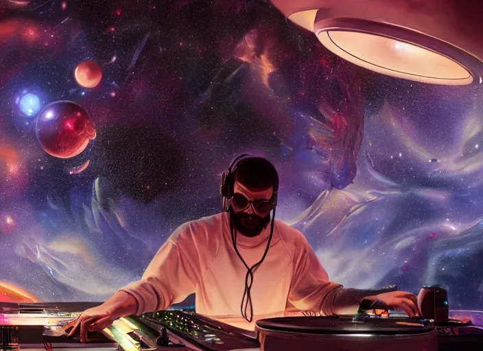 Image similar to Wide shot of a man djing under the galaxy, digital art, artstation, hyperrealistic, 4k, unreal engine, octane render, trending on artstation, art by Artgerm and Greg Rutkowski and Alphonse Mucha