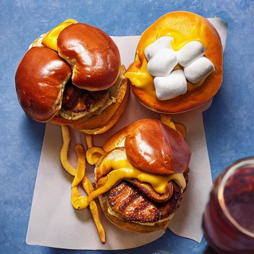 Image similar to Fast Food commercial photograph of a Cinnabon burger with a sweet potato patty, sweet cinnamo bun and melted marshmallows