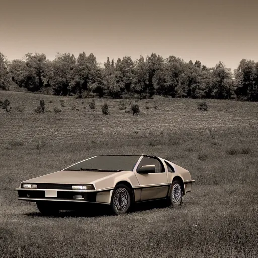 Image similar to a monochromatic sepia photograph of a delorean in a group of covered wagons,