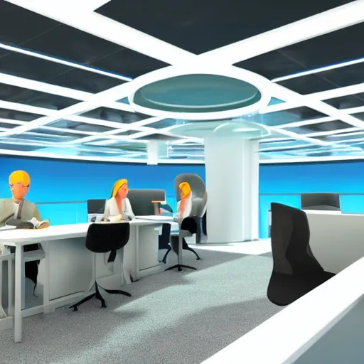 Image similar to futuristic utopian office space, fin - tech company in the future, high detail, fantasy scifi illustration