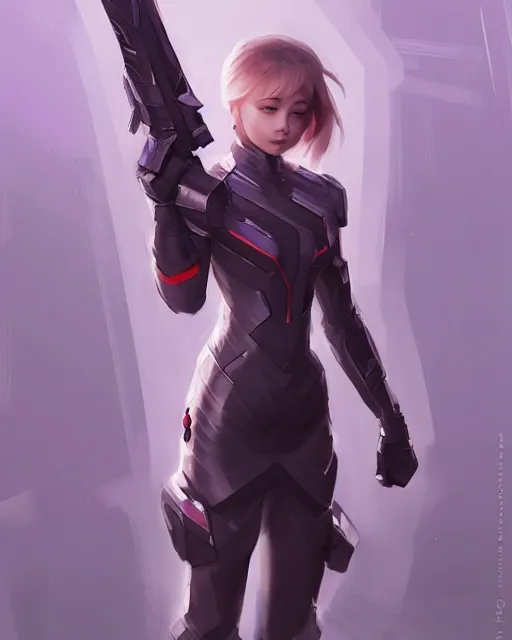 Image similar to concept art of a futurstic warior, wearing tight futurstic clothes, holding a futuristic weapon | | cute - fine - fine details by stanley artgerm lau, wlop, rossdraws, james jean, andrei riabovitchev, marc simonetti, and sakimichan, trending on artstation