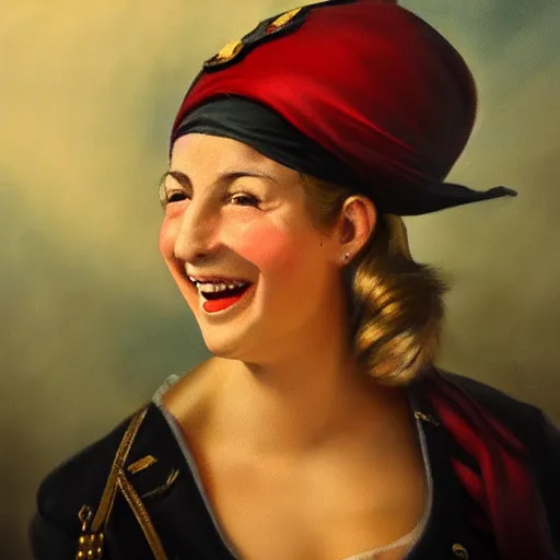 Image similar to oil painting, laughing, happy, beautiful, intelligent, tanned, female pirate captain 2 8 years old, 1 9 4 0 s haircut, fully clothed, wise, beautiful, masterful 1 8 0 0 s oil painting, dramatic lighting, sharp focus