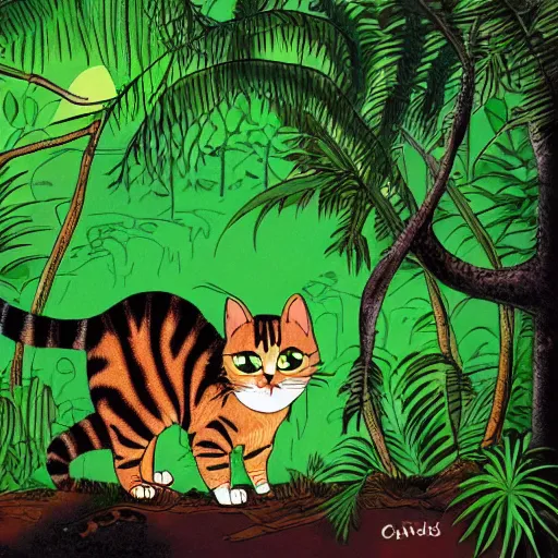 Prompt: a cat in a jungle landscape, by Jim Davis