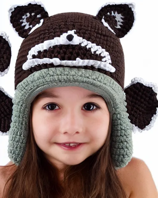 Prompt: a crocheted raccoon hat with ear flaps, on a young girl, very detailed, animal hat, cute details, product photo, promotional image, sharp focus, studio lighting. fzd school of design