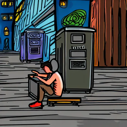 Prompt: a bum using laptop near trashcans, highly detailed, intricate, sharp focus, digital art, 8 k