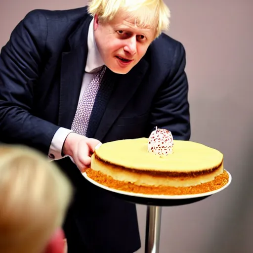 Prompt: Boris Johnson wonders the A giant dessert all confused