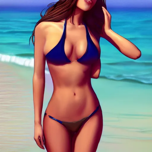 Image similar to beautiful woman in a bikini on the beach drawn by artgerm